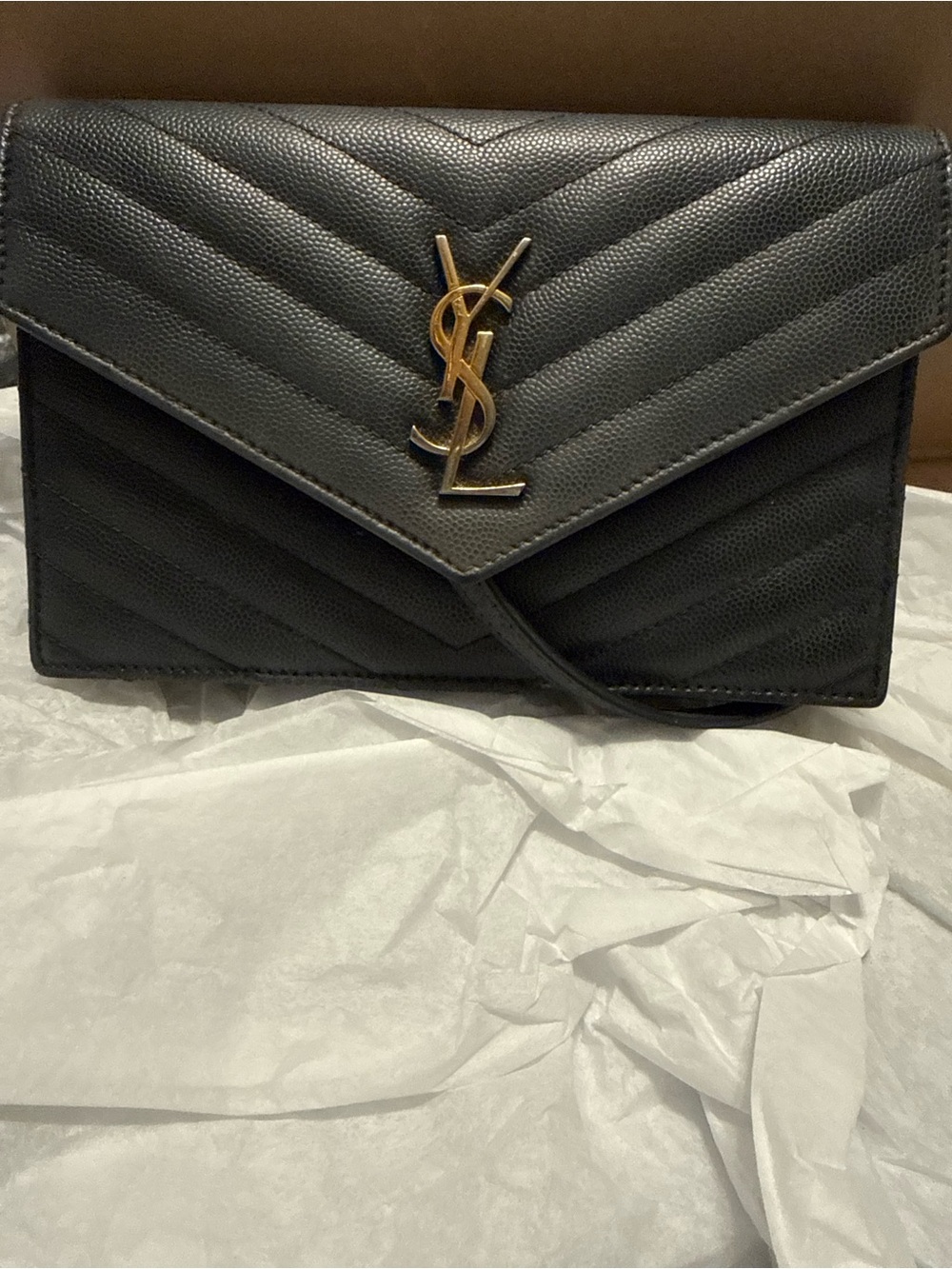 Authentic Saint Laurent Black Quilted Envelope Crossbody with Gold YSL